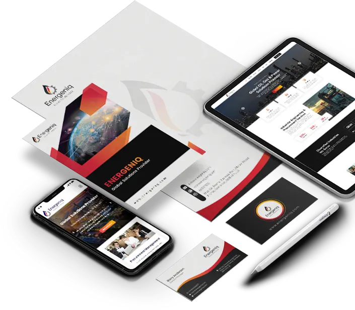 Visual representation of comprehensive branding solutions offered by AHY Solutions, showcasing logo design, stationery, website, social media, and video animation services.